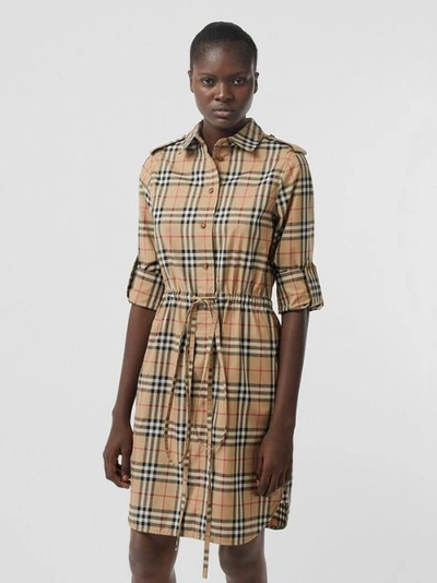 Shop Burberry Vintage Check Stretch Cotton Drawcord Shirt Dress In Archive Beige