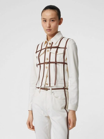 Shop Burberry Leather Harness Detail Denim Jacket In Off White