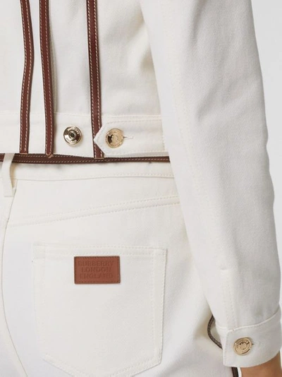 Shop Burberry Leather Harness Detail Denim Jacket In Off White