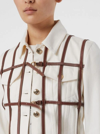 Shop Burberry Leather Harness Detail Denim Jacket In Off White