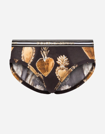 Shop Dolce & Gabbana Cotton Jersey Mid-rise Briefs With Sacred Heart Print In Black