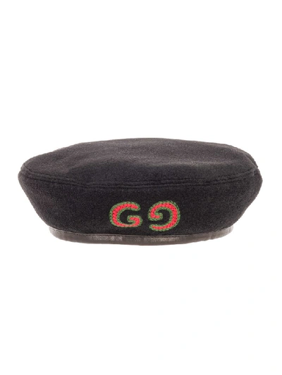 Shop Gucci Wool Beret With Gg Patch In Black
