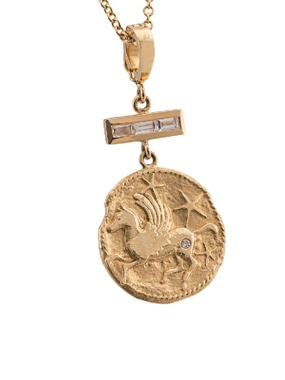 Shop Azlee Small Pegasus Diamond Coin Necklace In Gold
