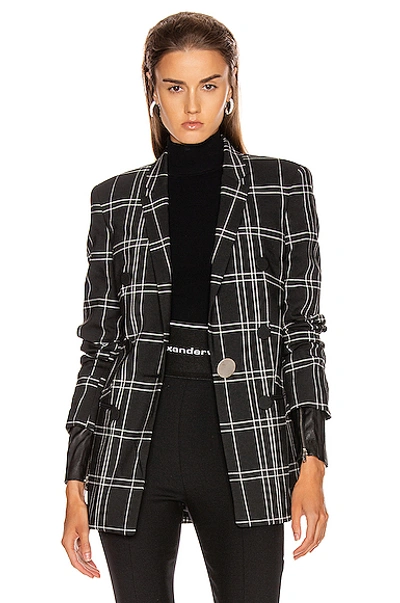 Shop Alexander Wang Peaked Lapel Blazer With Leather Sleeves In Black,plaid In Black & White Windowpane