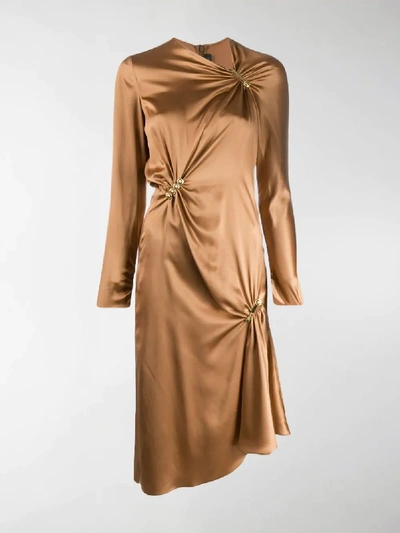 Shop Versace Brooch Embellished Dress In Brown