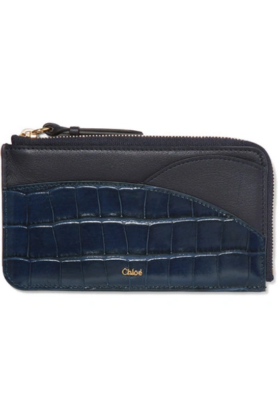 Shop Chloé Walden Smooth And Glossed Croc-effect Leather Cardholder In Blue