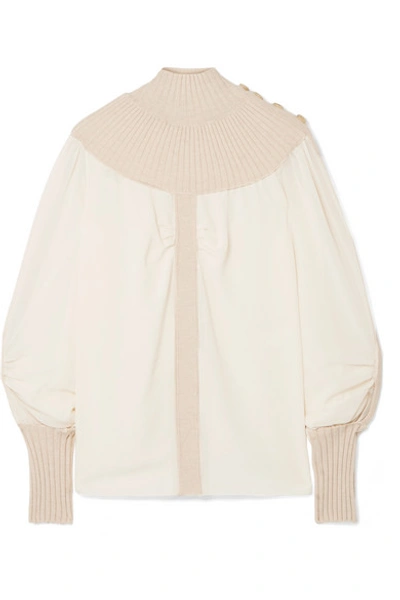 Shop Chloé Ribbed Wool-blend And Silk-chiffon Turtleneck Top In White