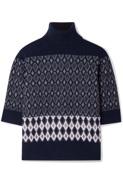 Shop Chloé Intarsia Merino Wool-blend Turtleneck Sweater In Navy