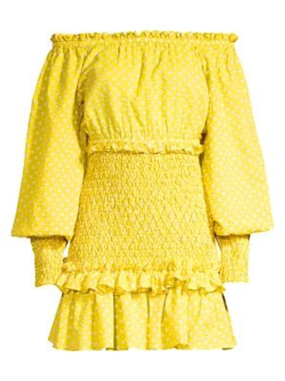 Shop Alexis Marilena Smocked Polka Dot Off-the-shoulder Mini Dress In Yellow Dot