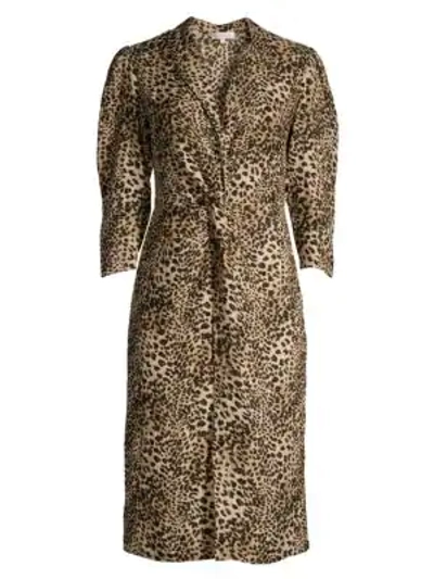 Shop Rebecca Taylor Lynx-print Short-sleeve Ruffle Silk Dress In Oat Combo