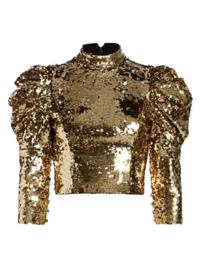 Shop Alice And Olivia Brenna Sequin Puff-sleeve Crop Top In Gold