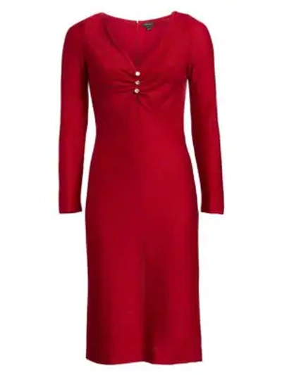 Shop St John Evening Shimmer Wool-blend V-neck Dress In Ruby