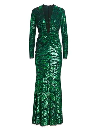 Shop Amen Leopard-embroidered Sequin Long-sleeve Gown In Emerald Green
