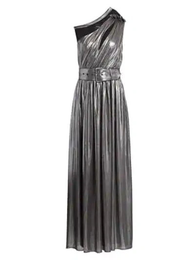 Shop Retroféte Andrea Belted One-shoulder Metallic Maxi Dress In Gunmetal