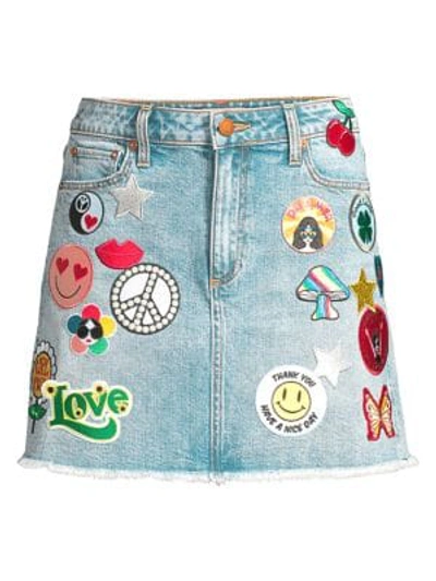 Shop Alice And Olivia Good High-rise Patch A-line Denim Skirt In Pcf Cave