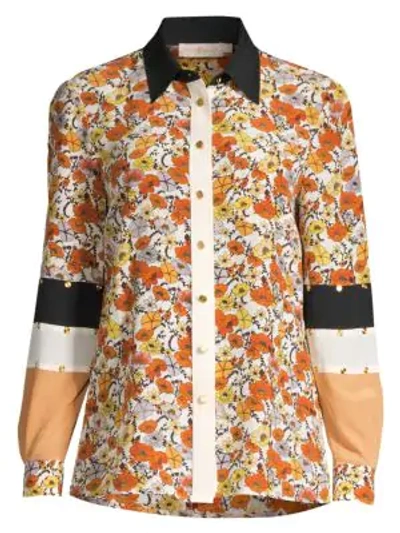 Shop Tory Burch Silk Patchwork Stud Shirt In Ivory Blossom Ditsy