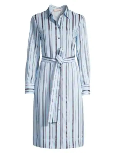 Shop Tory Burch Striped Belted Shirtdress In Drapey Yarn Dyed Viscose