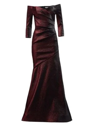 Shop Theia Off-the-shoulder Ruched Metallic Gown In Garnet