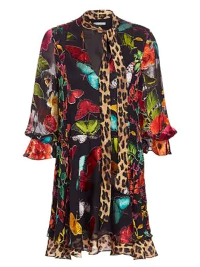 Shop Alice And Olivia Moore Printed Stretch-silk Shirtdress In Butterflies Combo
