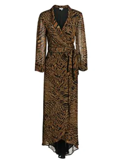 Shop Ganni Printed Georgette Wrap Dress In Tiger