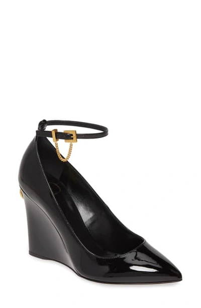 Shop Valentino Ringstud Wedge Ankle Strap Pump In Black Patent