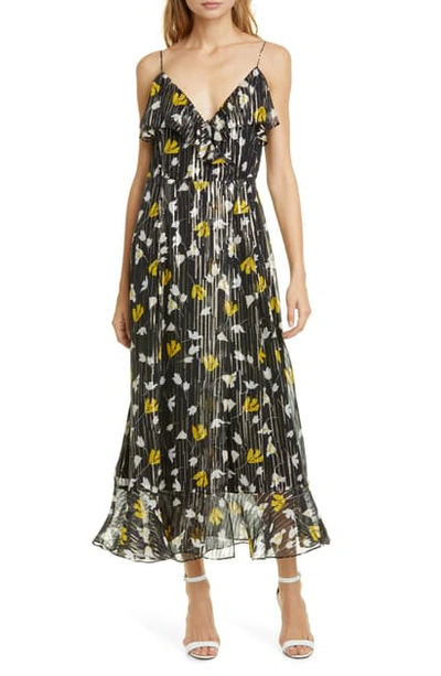 Shop Joie Kenny Floral Metallic Stripe Silk Dress In Golden Hour