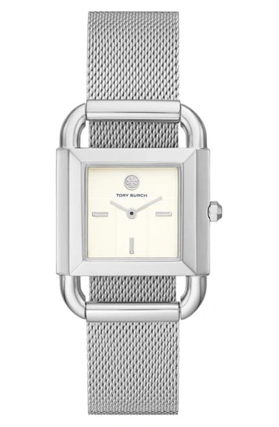 Shop Tory Burch Phipps Leather Strap Watch, 29mm X 41mm In Silver/ Cream