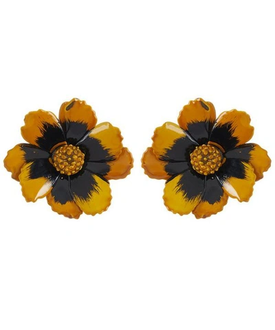 Designer Vintage 1950s Faux Enamel Zinnia Clip-on Earrings In Silver