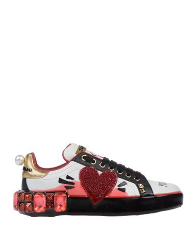 Dolce & Gabbana White Calfskin Women Sneaker With Heart-shaped Rhinestone Detail In White