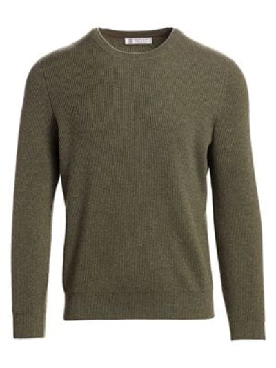 Shop Brunello Cucinelli Heathered Ribbed Cashmere Pullover In Army Green