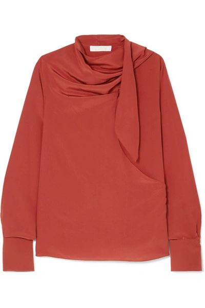 Shop Chloé Tie-neck Draped Silk Crepe De Chine Blouse In Red