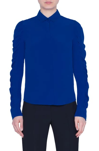Shop Akris Punto Ruched Sleeve Silk Blouse In Electric Blue