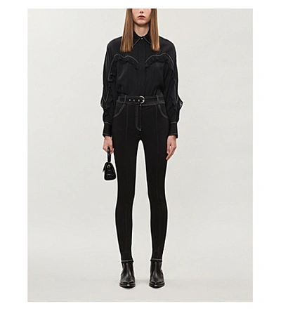 Shop Sandro Belted Mid-rise Stretch-woven Trousers In Black
