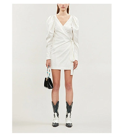 Shop Rotate Birger Christensen Leg-of-mutton-sleeve Satin Mini Wrap Dress In Bright White