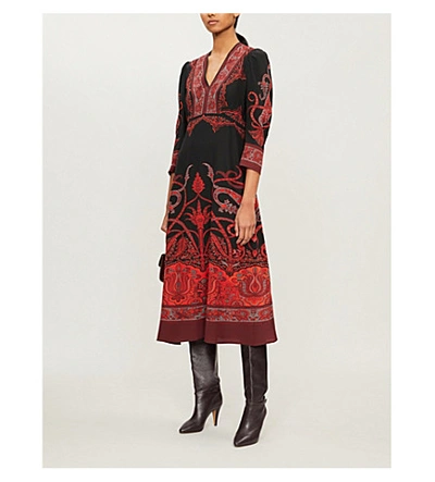Shop Etro Suffolk Floral-print V-neck Silk Midi Dress In Nero