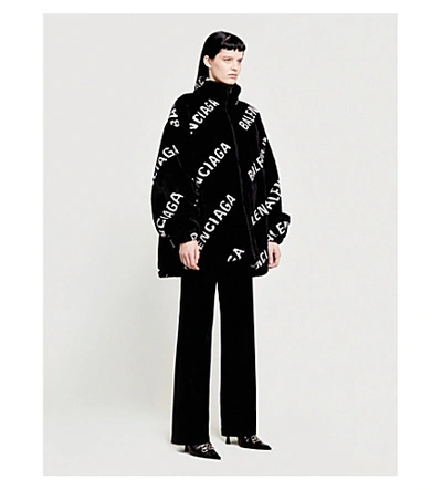 Shop Balenciaga Logo-print Oversized Fleece Jacket In Blk/wht