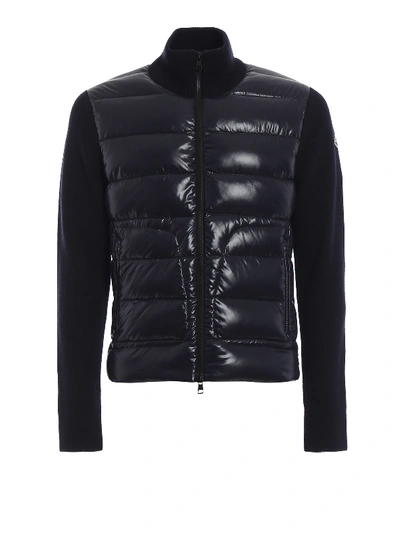 Shop Moncler Blue Knit Wool And Padded Nylon Zip Cardigan In Dark Blue