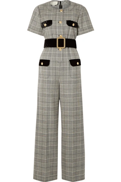 Shop Gucci Belted Velvet-trimmed Prince Of Wales Checked Wool Jumpsuit In Gray