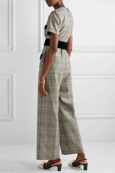 Shop Gucci Belted Velvet-trimmed Prince Of Wales Checked Wool Jumpsuit In Gray