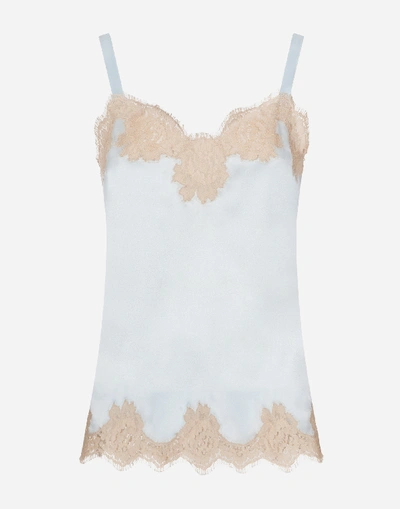 Shop Dolce & Gabbana Satin Lingerie Top With Lace In Light Blue