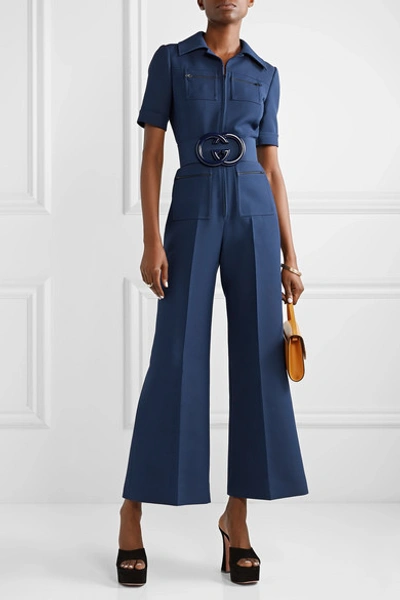 Shop Gucci Belted Wool And Silk-blend Cady Jumpsuit In Navy