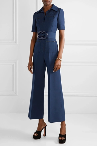 Shop Gucci Belted Wool And Silk-blend Cady Jumpsuit In Navy