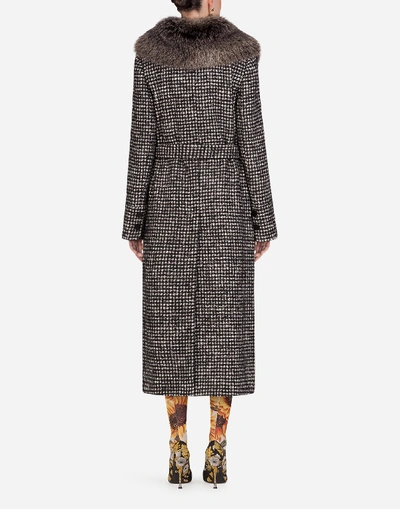 Shop Dolce & Gabbana Houndstooth Coat With Fur Collar In Grey