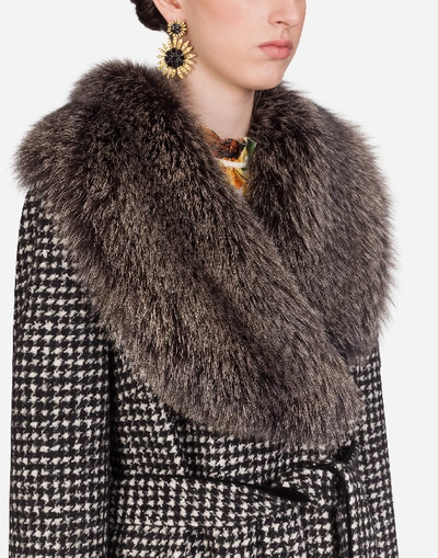 Shop Dolce & Gabbana Houndstooth Coat With Fur Collar In Grey