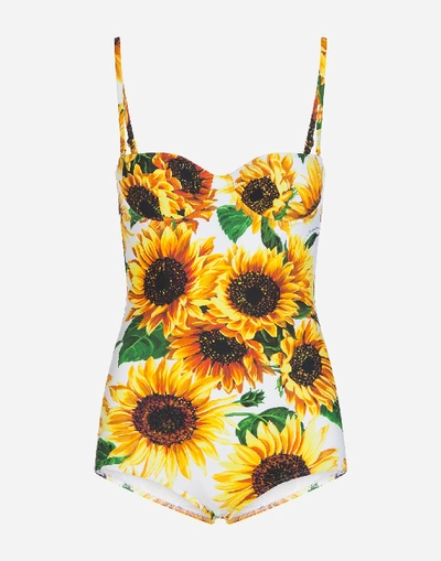 Shop Dolce & Gabbana Sunflower-print Balconette One-piece Swimsuit In Floral Print