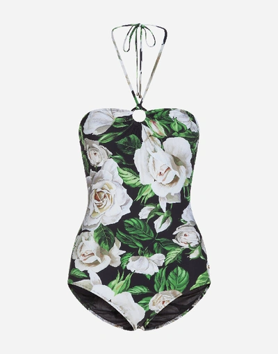 Shop Dolce & Gabbana White Rose Print One-piece Swimsuit In Floral Print