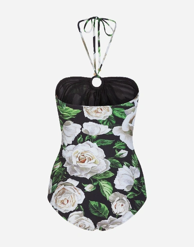 Shop Dolce & Gabbana White Rose Print One-piece Swimsuit In Floral Print