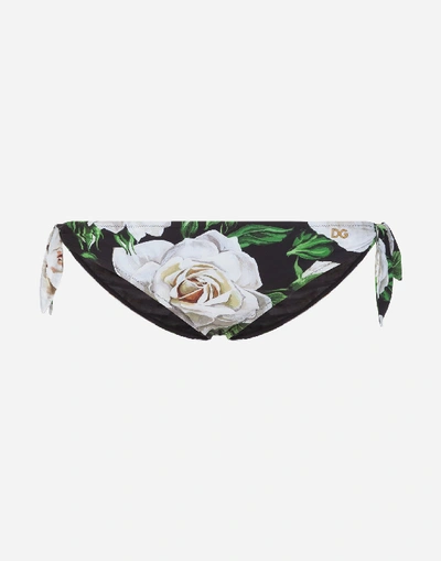 Shop Dolce & Gabbana Swimming Briefs With White Rose Printed Bows In Floral Print