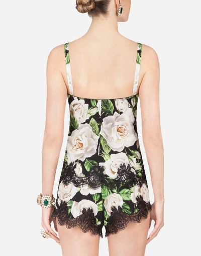 Shop Dolce & Gabbana White Rose Print Charmeuse Lingerie Top With Lace In Floral Print