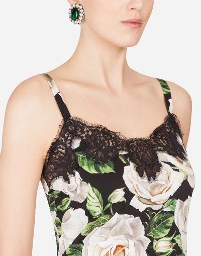 Shop Dolce & Gabbana White Rose Print Charmeuse Lingerie Top With Lace In Floral Print